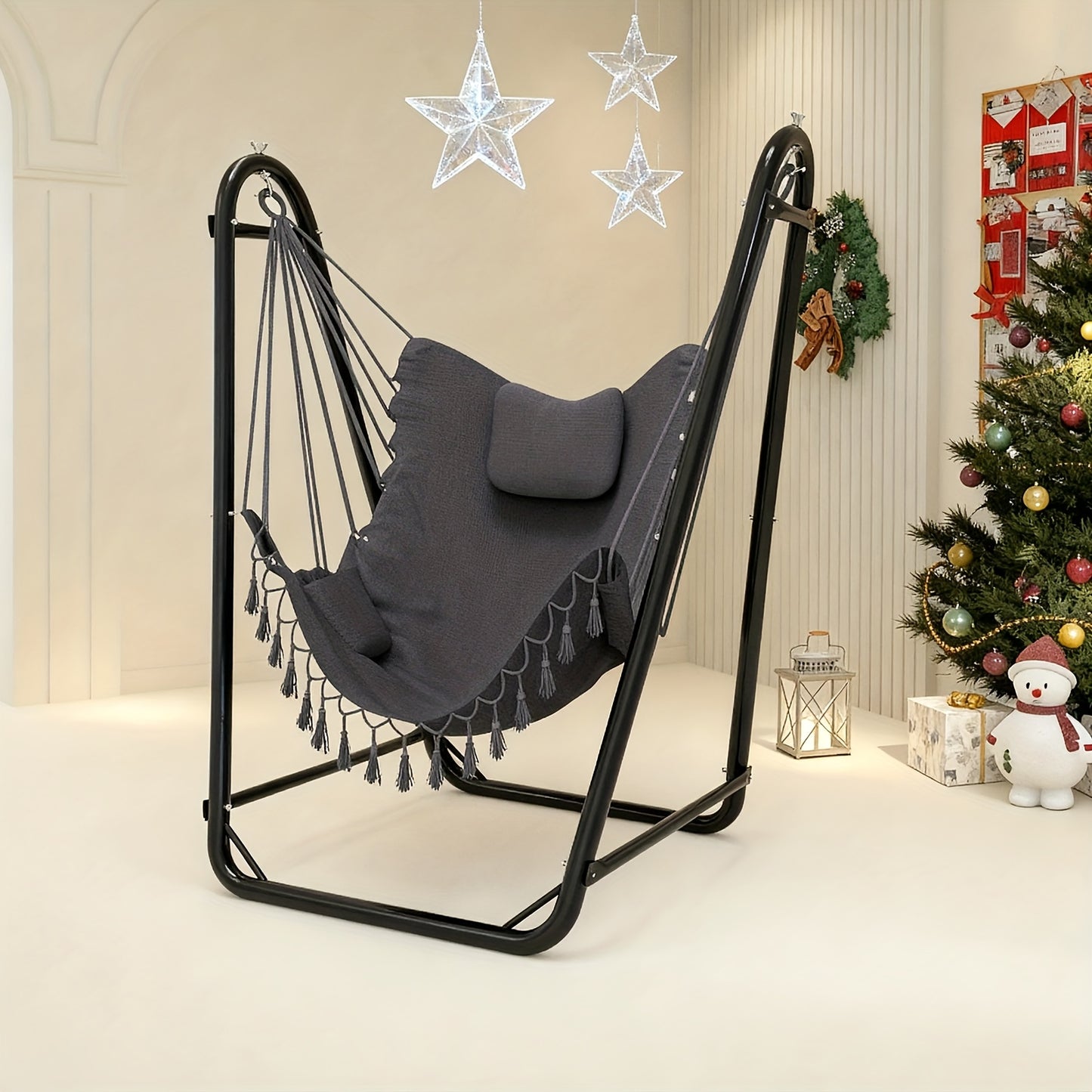 U-Shaped Hammock Chair Stand with Free Hanging Chair, Double Tube Steel Frame, 350 lbs Capacity, Rust-Resistant Powder Coat, Side Pocket Included