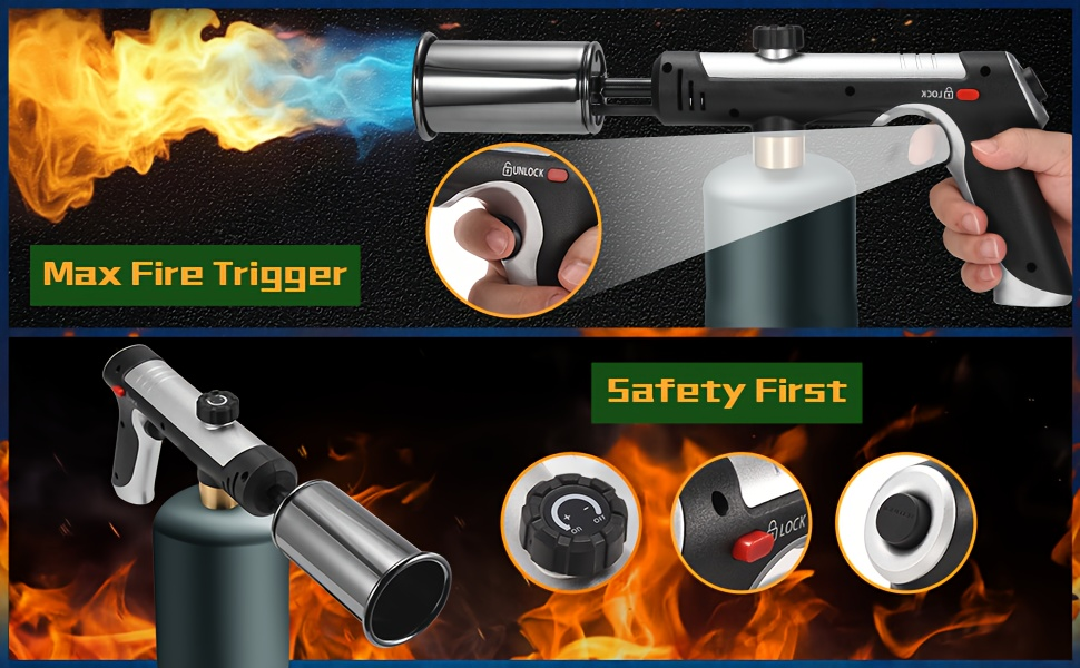 Propane Torch Gun with Safety Lock & One-Touch Max Fire – Adjustable Flame Butane Burner for Searing Steak, BBQ, Caramel, Camping, Welding & Crafts (Gas Not Included)