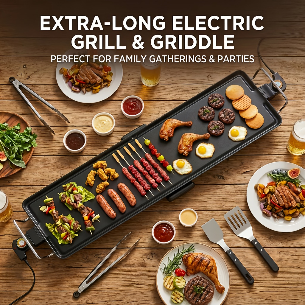 Indoor Electric Grill Smokeless – Non-Stick BBQ Griddle with Adjustable Temperature & Drip Tray, Extra-Large Extended / Medium / Large Roasting Pan, Multifunctional Indoor & Outdoor Barbecue – Holiday Gift Idea