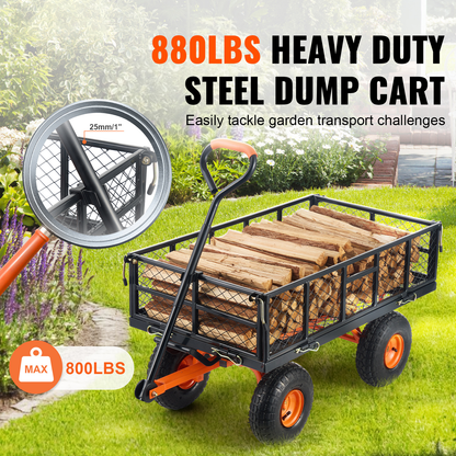 Garden Dump Cart 880LBS Convertible Flatbed Utility Wheelbarrow with 2-in-1 Handle, Removable Side Panels, Mesh Cover & 10" Rubber Tires – 400/600/880 LBS
