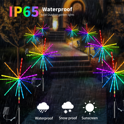 Solar Meteor Lights Outdoor 4 Pack 336 LED True 3D Firework Effect IP65 Waterproof Ground Stake with Remote Control Multi-Color – Garden Patio Christmas Valentine Party Camping Decoration