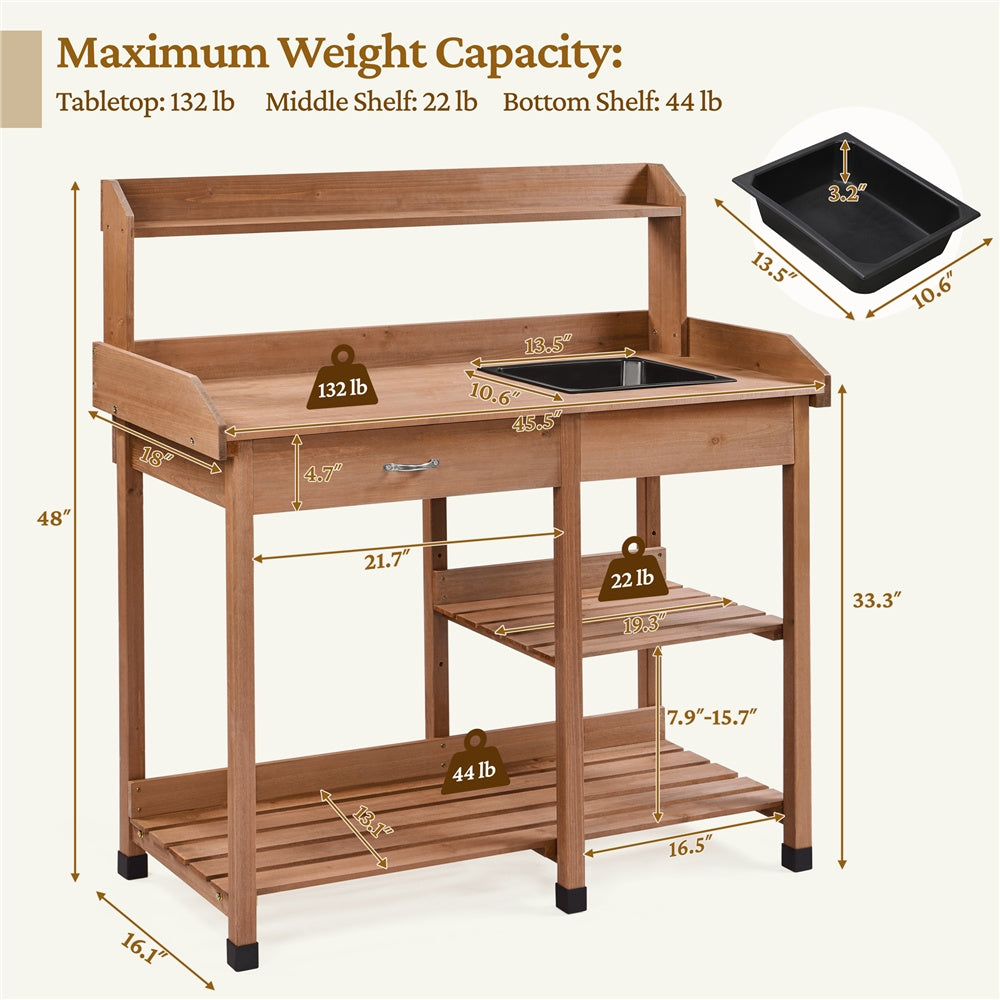 Garden Potting Table 4-Tier with Removable Sink, Adjustable Shelf, Drawer & Side Hooks, Outdoor Planter Stand for Yard Greenhouse in Wood, Brown & Gray