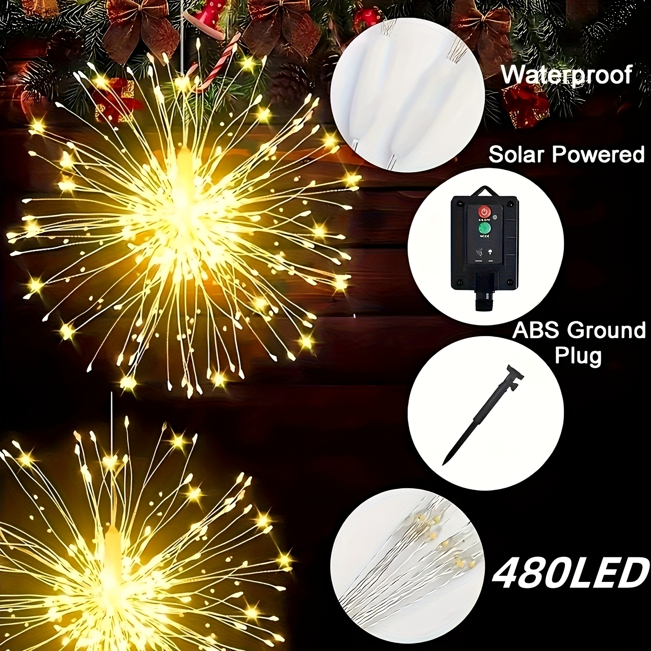 Meteor Shower Rain Lights Outdoor, 480 LED Solar Starburst Ball Lights 8 Tubes with Remote & Timer, IP44 Waterproof Falling Rain Drop Icicle String Lights for Christmas Tree Garden Party Wedding Decor