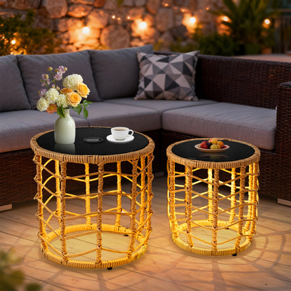 Outdoor Wicker Nesting Side Tables Set of 2 PE Rattan End Tables with Tempered Glass Top UV Resistant Waterproof Patio Balcony Deck Furniture