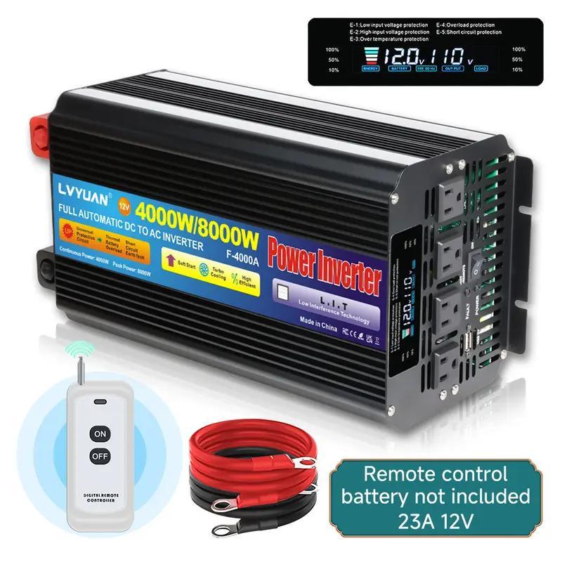 Pure Sine Wave Power Inverter 4000W 8000W Peak DC 12V to AC 110V with LCD Display Remote Control 4 AC Outlets for Car Truck RV Boat Solar Off-Grid