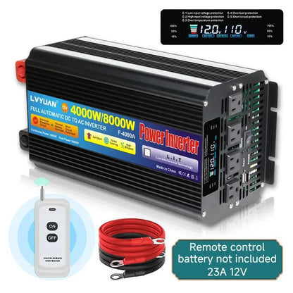 Pure Sine Wave Power Inverter 4000W 8000W Peak DC 12V to AC 110V with LCD Display Remote Control 4 AC Outlets for Car Truck RV Boat Solar Off-Grid