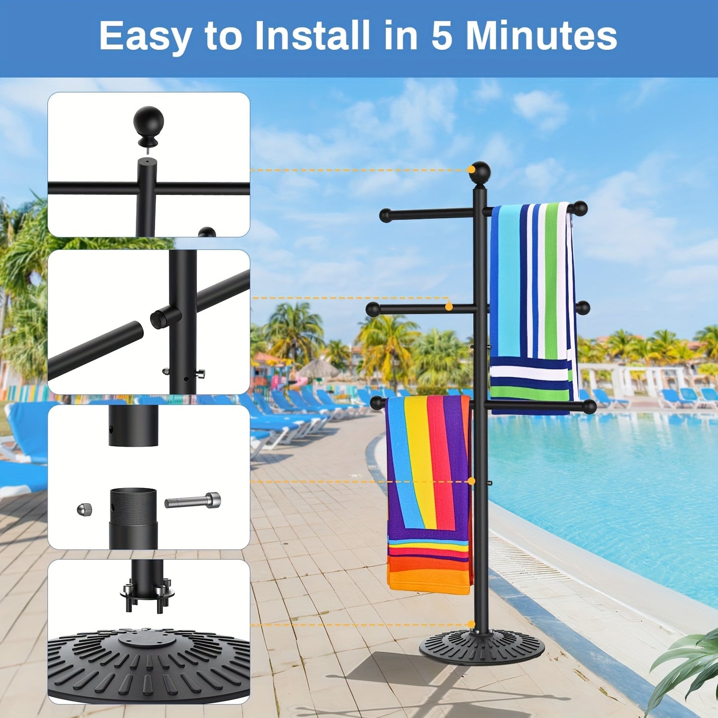 Pool Towel Rack Freestanding Outdoor – 3-Bar Iron Towel Stand with Hooks, Windproof Wide Base, No Sand Needed, Rust-Resistant for Poolside Hot Tub Spa Beach Bathroom Patio