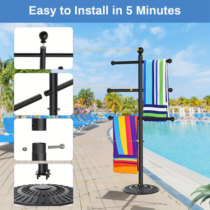 Pool Towel Rack Freestanding Outdoor – 3-Bar Iron Towel Stand with Hooks, Windproof Wide Base, No Sand Needed, Rust-Resistant for Poolside Hot Tub Spa Beach Bathroom Patio