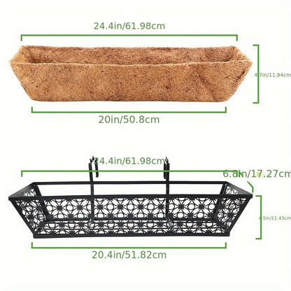 Window Box Planter 24 Inch with Coco Liner Adjustable Railing Brackets Cast Iron Flower Box for Porch Fence Balcony Patio Outdoor Garden Decor 2 Pack