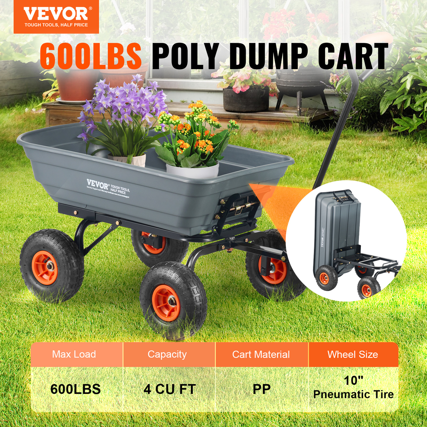 Garden Dump Cart 880LBS Convertible Flatbed Utility Wheelbarrow with 2-in-1 Handle, Removable Side Panels, Mesh Cover & 10" Rubber Tires – 400/600/880 LBS