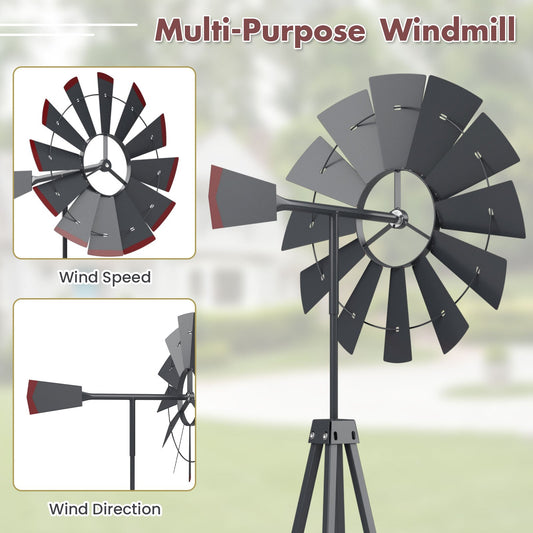 Decorative Windmill 8 ft Metal Outdoor Garden Windmill with Weathervane 4 Ground Stakes All-Weather Rust-Resistant Backyard Farm Lawn Ornament Green Gray Red