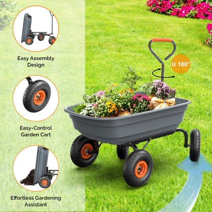 Garden Cart Dump Wagon 440 lbs Capacity, 4-Wheel Poly Cargo Cart with 2-in-1 Handle for Garden, Farm, Lawn and Yard Hauling, 44x26x39 in, Gray