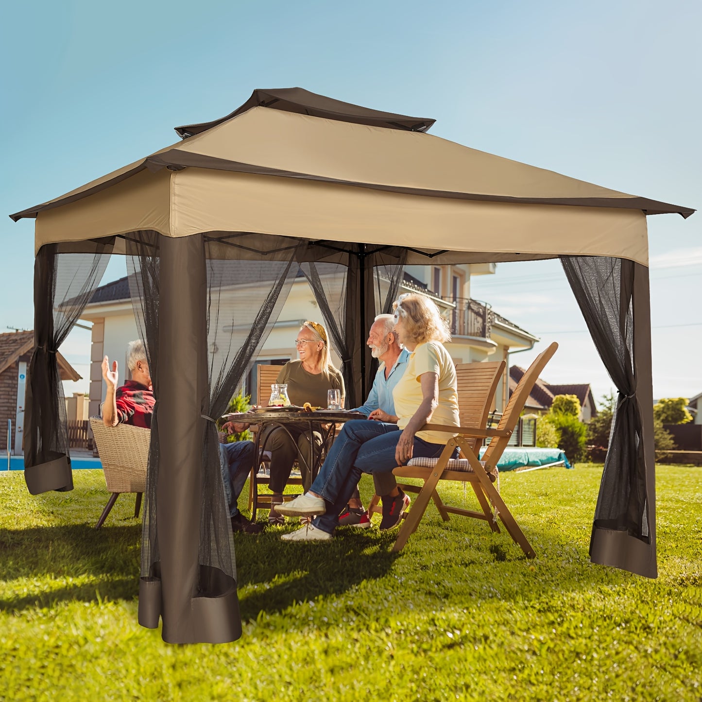 Patio Gazebo Pop-Up Double Roof Mosquito Net 11x11 12x12ft Shade