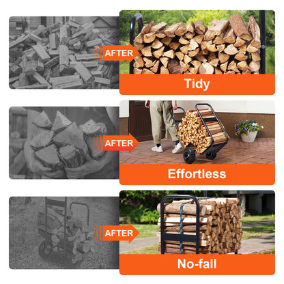 Firewood Log Cart Heavy Duty 250 lbs Capacity, Carbon Steel Wood Carrier with Pneumatic Rubber Wheels, Outdoor Indoor Log Hauler Dolly for Fireplace Fire Pit Camping