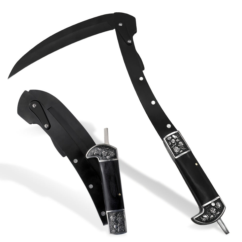 Folding Sickle Stainless Steel Flat Edge Blade with Black Wood Handle & Double Bolsters, Portable Weeding Scythe with Nylon Case for Gardening, Camping and Outdoor Survival