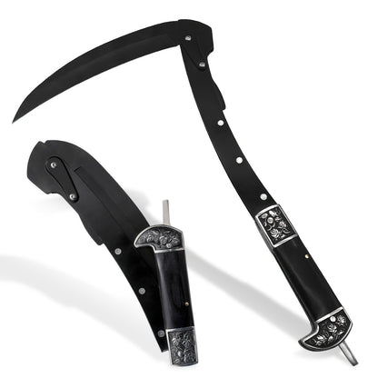 Folding Sickle Stainless Steel Flat Edge Blade with Black Wood Handle & Double Bolsters, Portable Weeding Scythe with Nylon Case for Gardening, Camping and Outdoor Survival