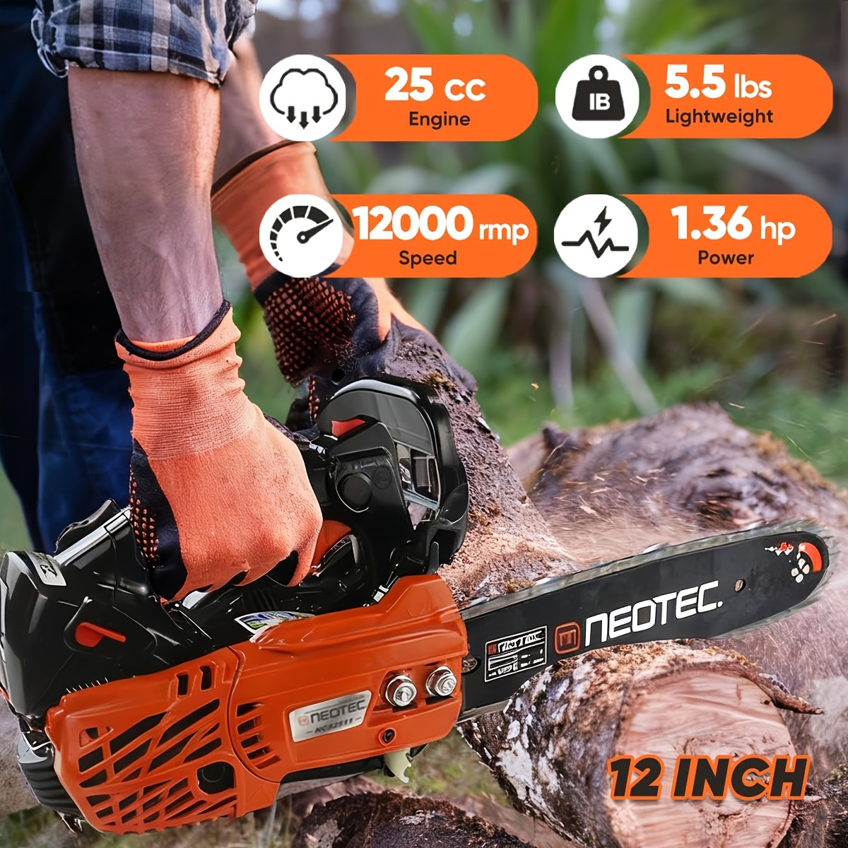 Top Handle Chainsaw 25CC 12-Inch – 2-Cycle Gas Arborist Saw, 12000 RPM, Low-Kickback Chain, Anti-Vibration, 5.5 lbs Lightweight Design