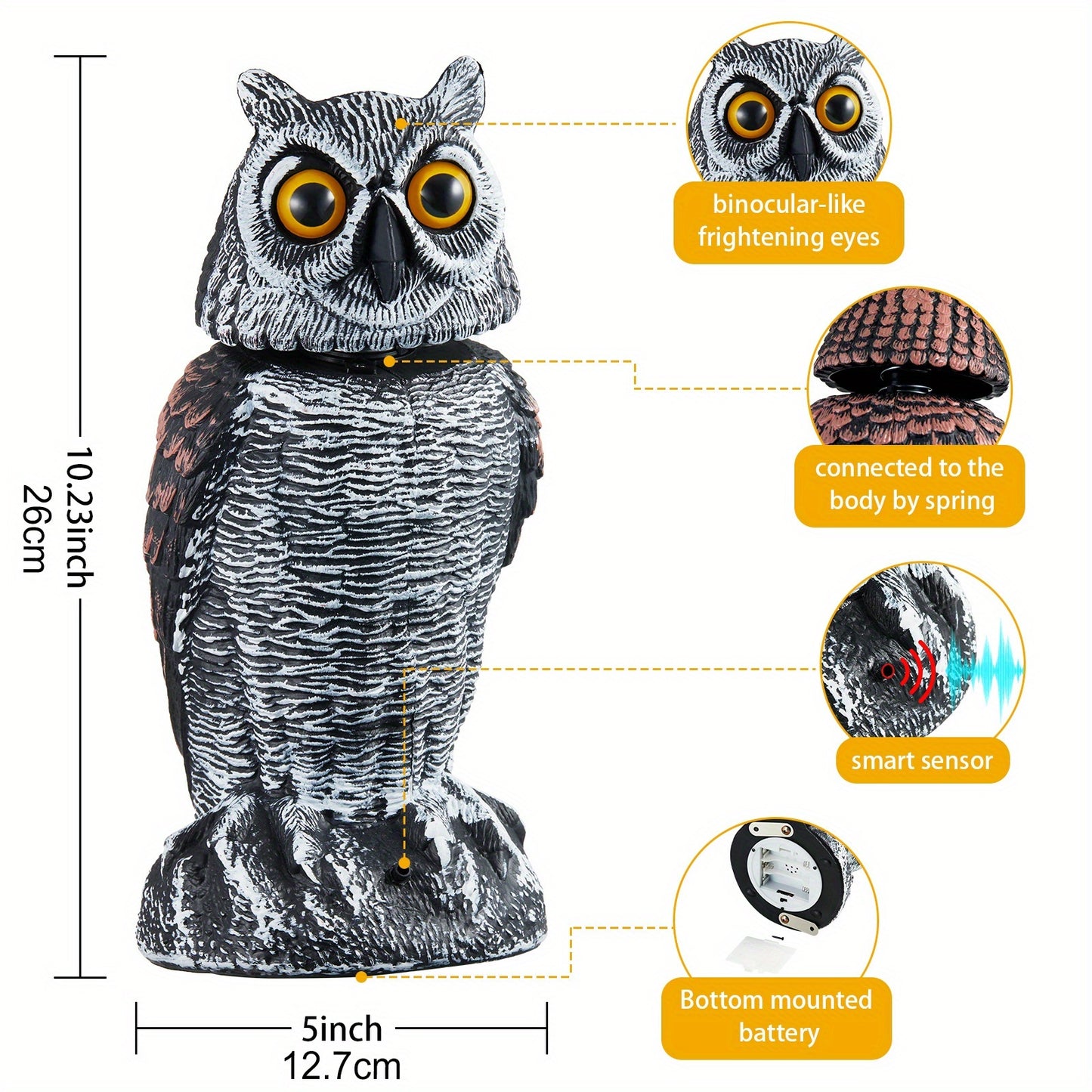 Rotating Head Fake Owl Decoy Bird Deterrent – Battery Powered Plastic Scarecrow Repellent for Garden Yard Patio