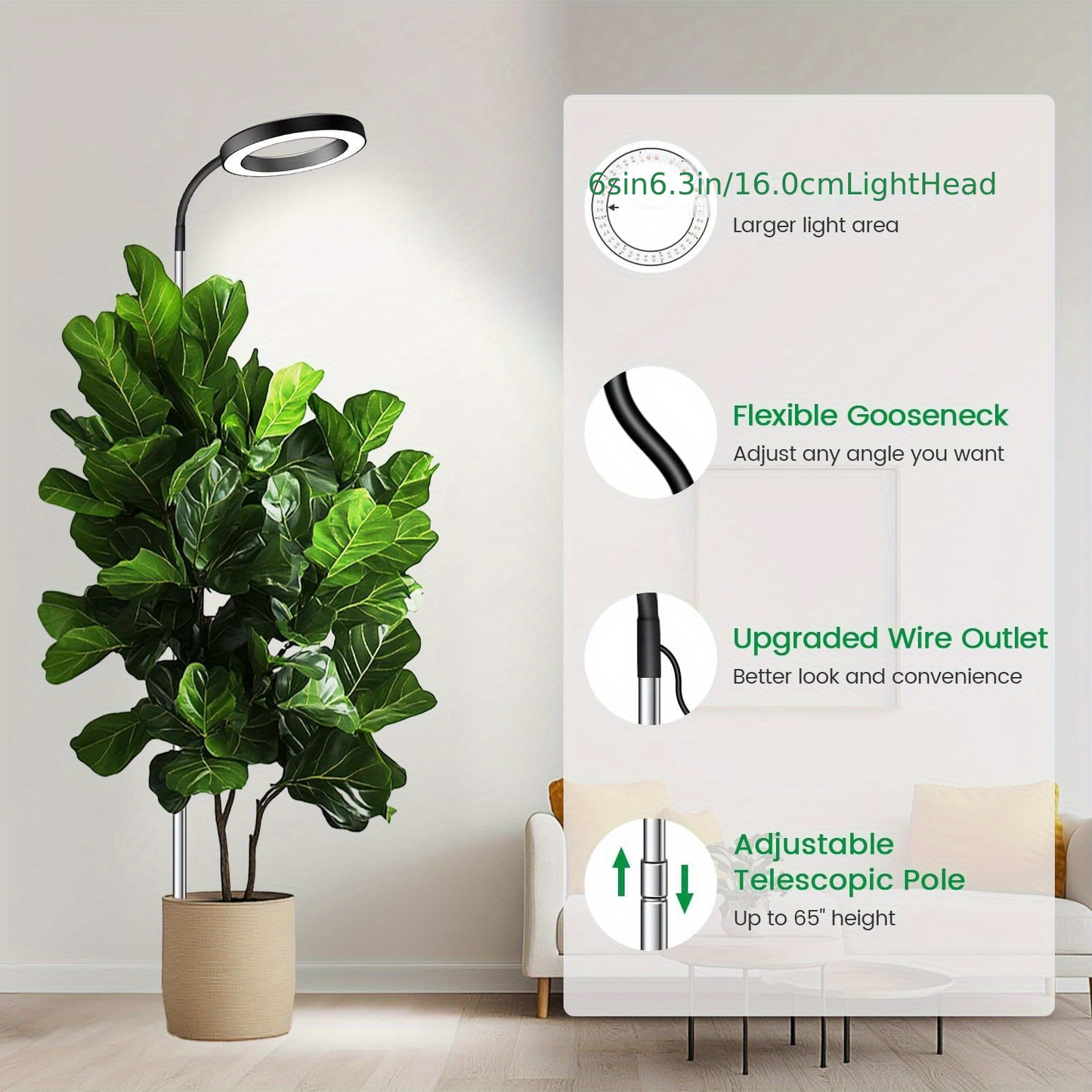 Plant Light Full Spectrum Gooseneck 360° | 3 Color Modes 10 Dimming Levels 3/6/12H Timer 65'' Telescopic Pole | Indoor Grow Lamp Large Plants Black White