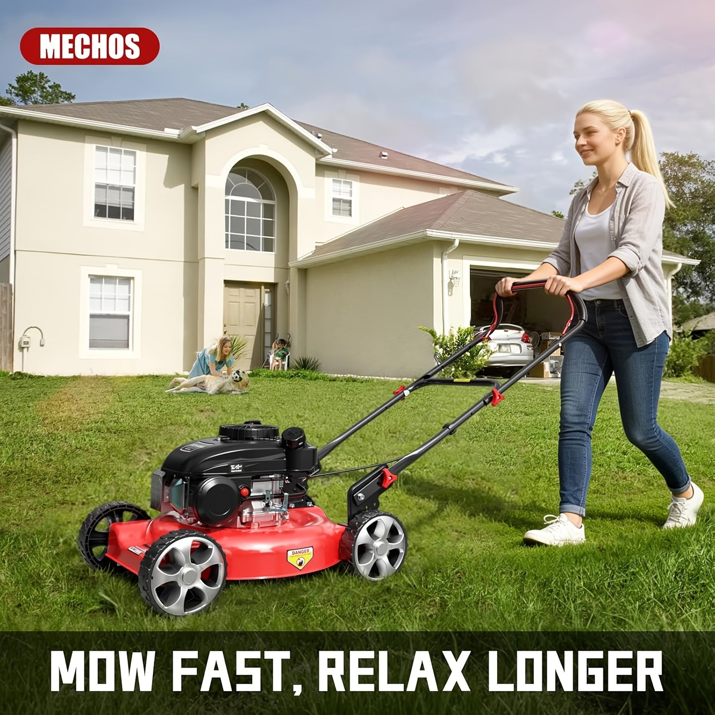 Walk-Behind Gas Lawn Mower 20-Inch 144cc 4-Stroke Engine, 2-in-1 Side Discharge & Mulching, Lightweight Push Mower for Small Yards Under 1/4 Acre, Red & Blue