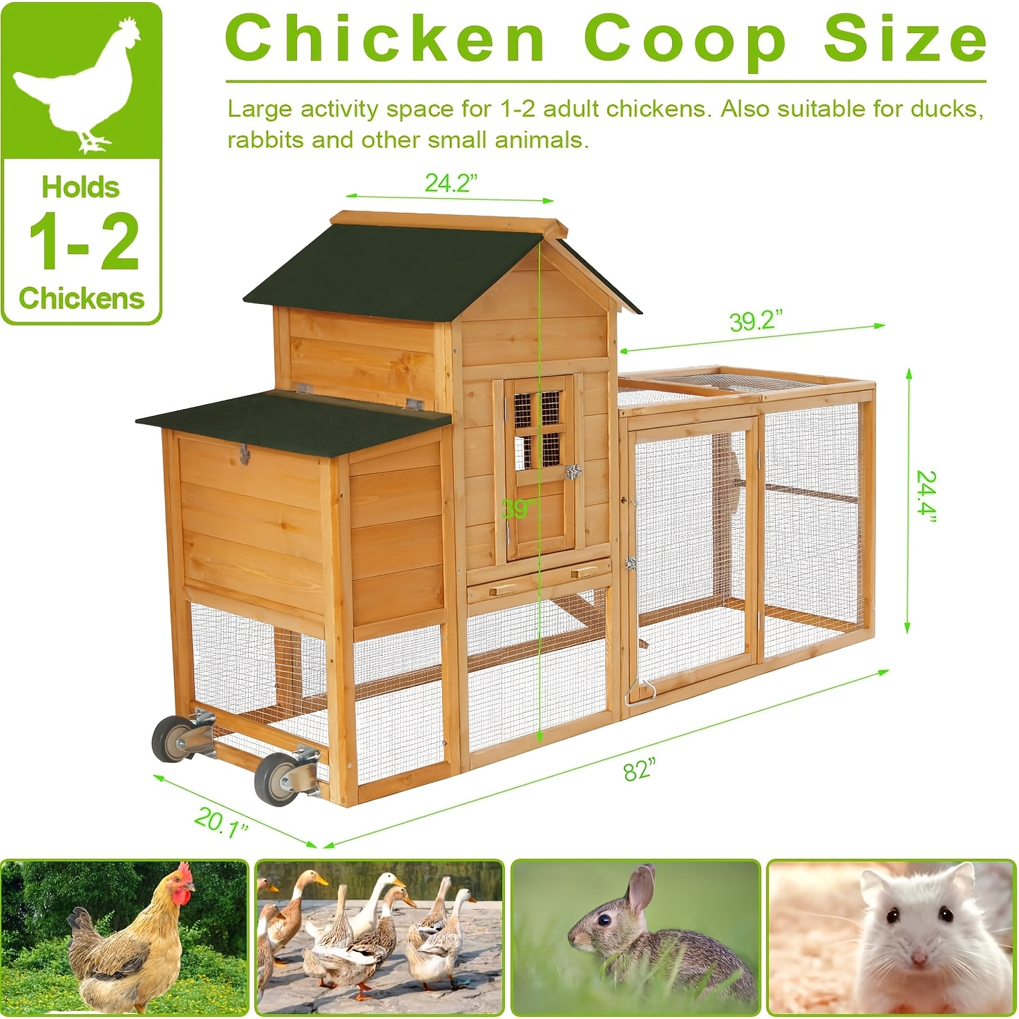Chicken Coop with Run Large Outdoor Wooden Hen House 82 Inch Walk-in Poultry Cage for 2-4 Chickens Ducks Rabbits with Nesting Box Removable Tray Wheels