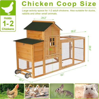 Chicken Coop with Run Large Outdoor Wooden Hen House 82 Inch Walk-in Poultry Cage for 2-4 Chickens Ducks Rabbits with Nesting Box Removable Tray Wheels