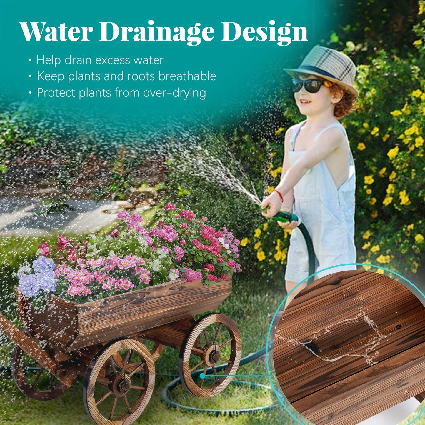 Wooden Wagon Planter with Wheels – Rustic Handcrafted Flower Cart for Patio, Balcony & Garden, Multi-Tier Ladder Shelf Outdoor Yard Decor