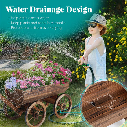 Wooden Wagon Planter with Wheels – Rustic Handcrafted Flower Cart for Patio, Balcony & Garden, Multi-Tier Ladder Shelf Outdoor Yard Decor