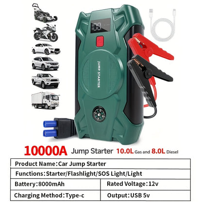 Car Jump Starter 10000A 7-in-1 Portable Battery Booster with Air Pump, Digital Tire Inflator 150PSI, LED Emergency Light for Gas & Diesel Vehicles