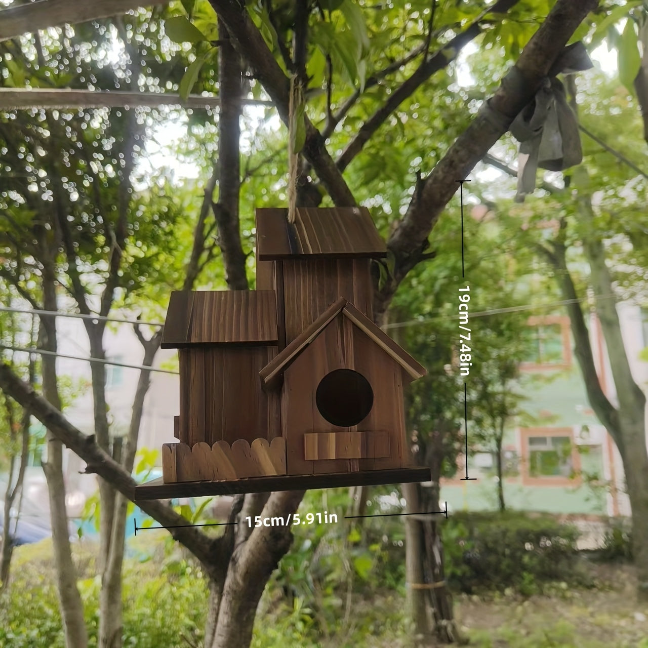 Bird House | 3-Room Natural Wood Hanging Chain Garden Patio Bluebird
