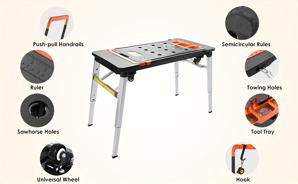 7in 1 Multifunctional Work Benches, Folding Work Table for Garage, As Portable Workbench, Sawhorse, Scaffold, Platform, Car Creeper, Dolly And Hand Truck, with 4 Wheels, Perfect Gift for Father's Day, Requires No Assembly