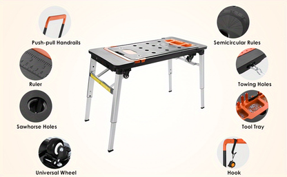 7in 1 Multifunctional Work Benches, Folding Work Table for Garage, As Portable Workbench, Sawhorse, Scaffold, Platform, Car Creeper, Dolly And Hand Truck, with 4 Wheels, Perfect Gift for Father's Day, Requires No Assembly