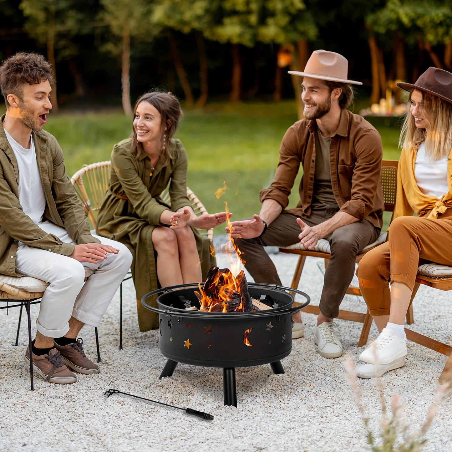 Fire Pit 30 Inch Round Wood Burning Outdoor Backyard Patio Steel Bowl with Spark Screen Mesh Lid Star Moon Cutout Carrying Ring Poker Included Black