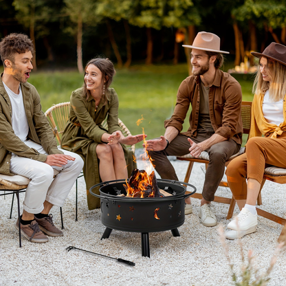 Fire Pit 30 Inch Round Wood Burning Outdoor Backyard Patio Steel Bowl with Spark Screen Mesh Lid Star Moon Cutout Carrying Ring Poker Included Black
