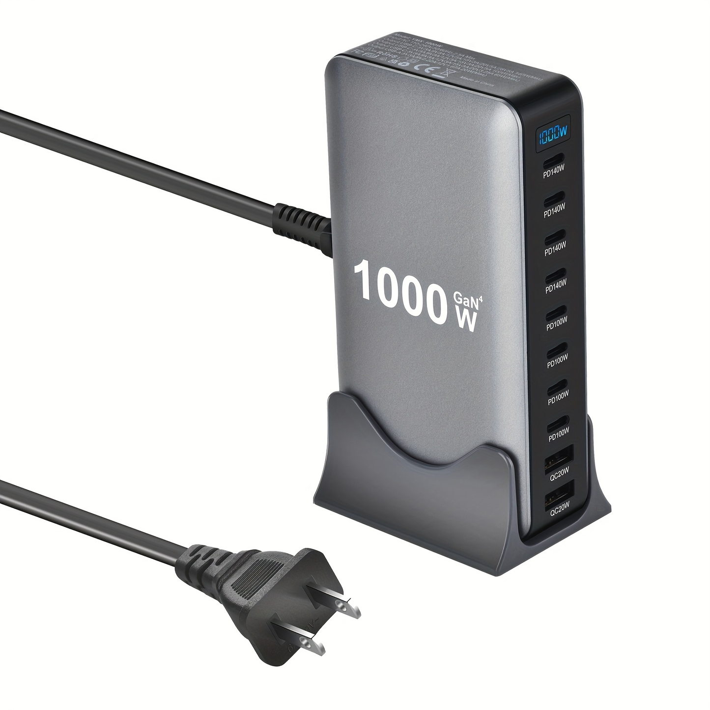 GaN Charging Station 1000W GaN3 10-Port USB-C Fast Charger for Laptops Tablets Smartphones 110-240V Universal Travel Power Hub Multi-Device Desktop