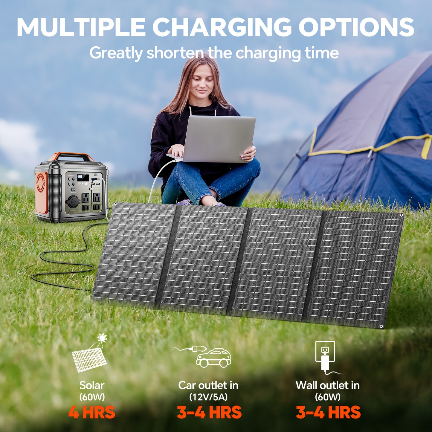 Solar Generator Portable Power Station 300W 296Wh | 60W Solar Panel AC DC USB Fast Charging LED Flashlight | Camping RV Emergency Backup Battery Orange