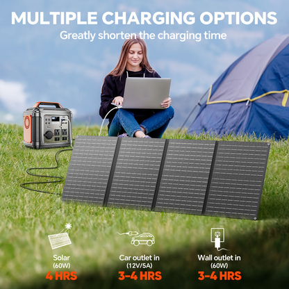 Solar Generator Portable Power Station 300W 296Wh | 60W Solar Panel AC DC USB Fast Charging LED Flashlight | Camping RV Emergency Backup Battery Orange