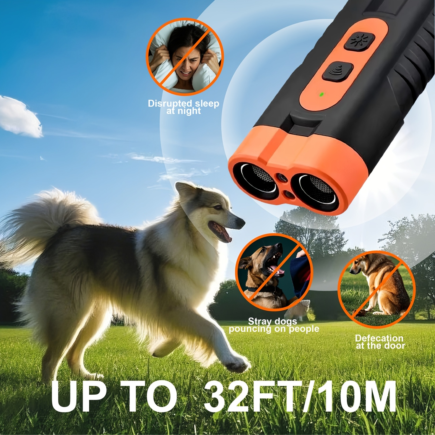 Ultrasonic Dog Repellent Device - Handheld Bark Control with Dual-Head System, LED Light & One-Touch Operation for Small Medium Large Dogs