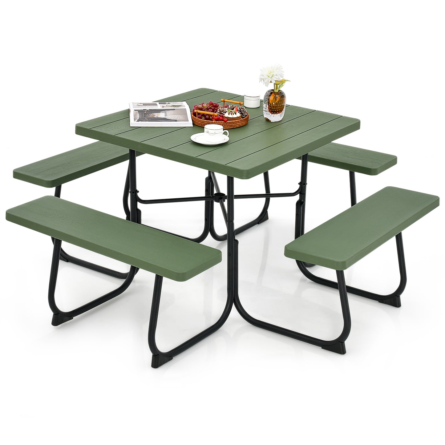 Outdoor Picnic Table 8-Person, Square HDPE Table with 4 Built-in Benches, Umbrella Hole, Metal Frame, Backyard Patio Garden Bench Set Grey/Green