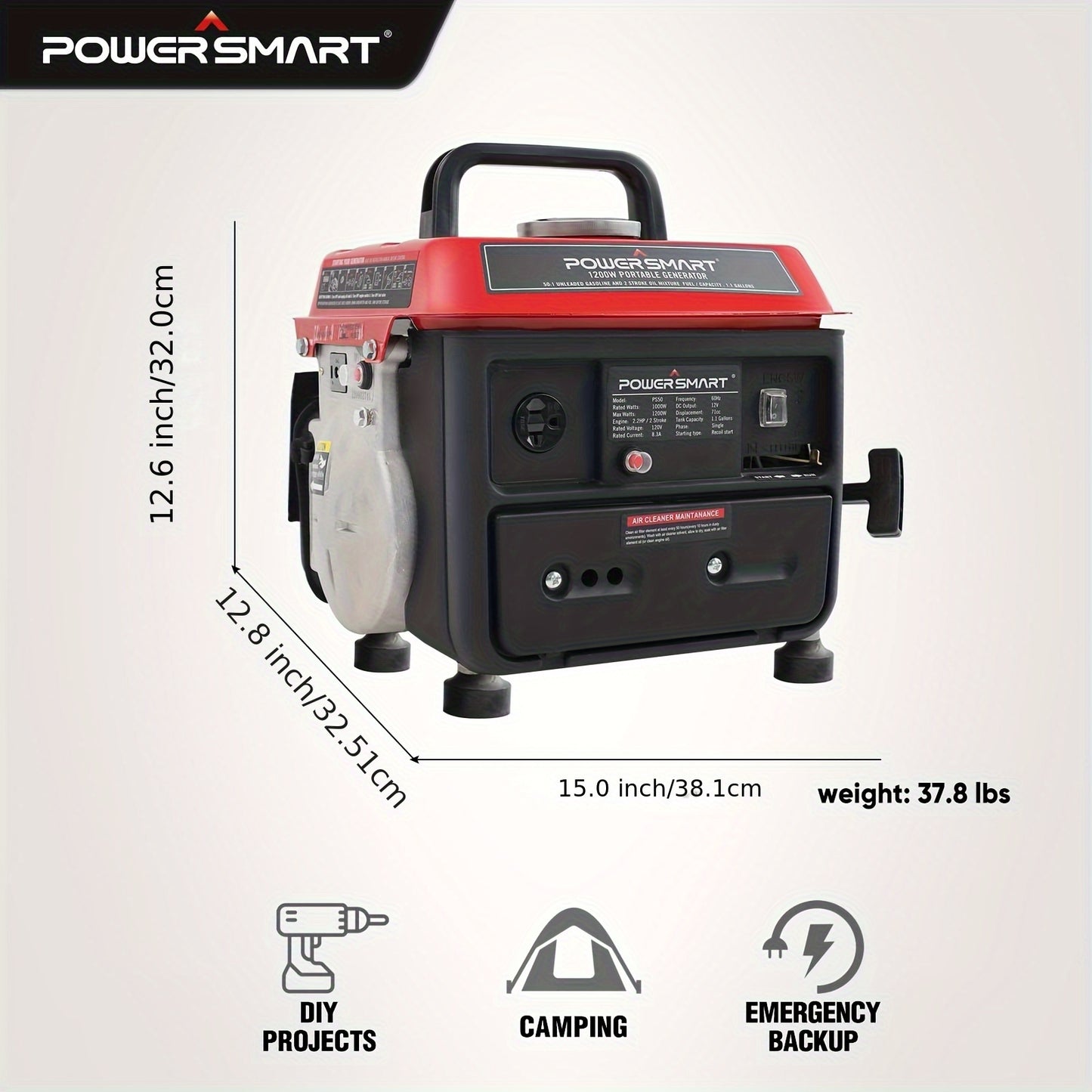 Portable Generator 1200W 2-Stroke Low Noise - Compact Lightweight Gas Powered Generator for Camping, Job Sites, Outdoor Work, Home Emergency Backup, Easy Recoil Start