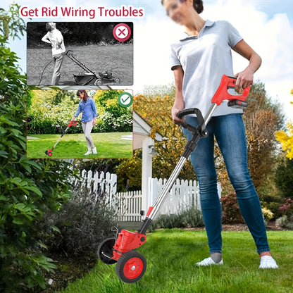 Cordless Lawn Mower 3-in-1 Electric Trimmer Weed Eater Edger Bush Cutter 21V Dual Battery Adjustable Height Swivel Head Lightweight for Small Yards Patios Gardens