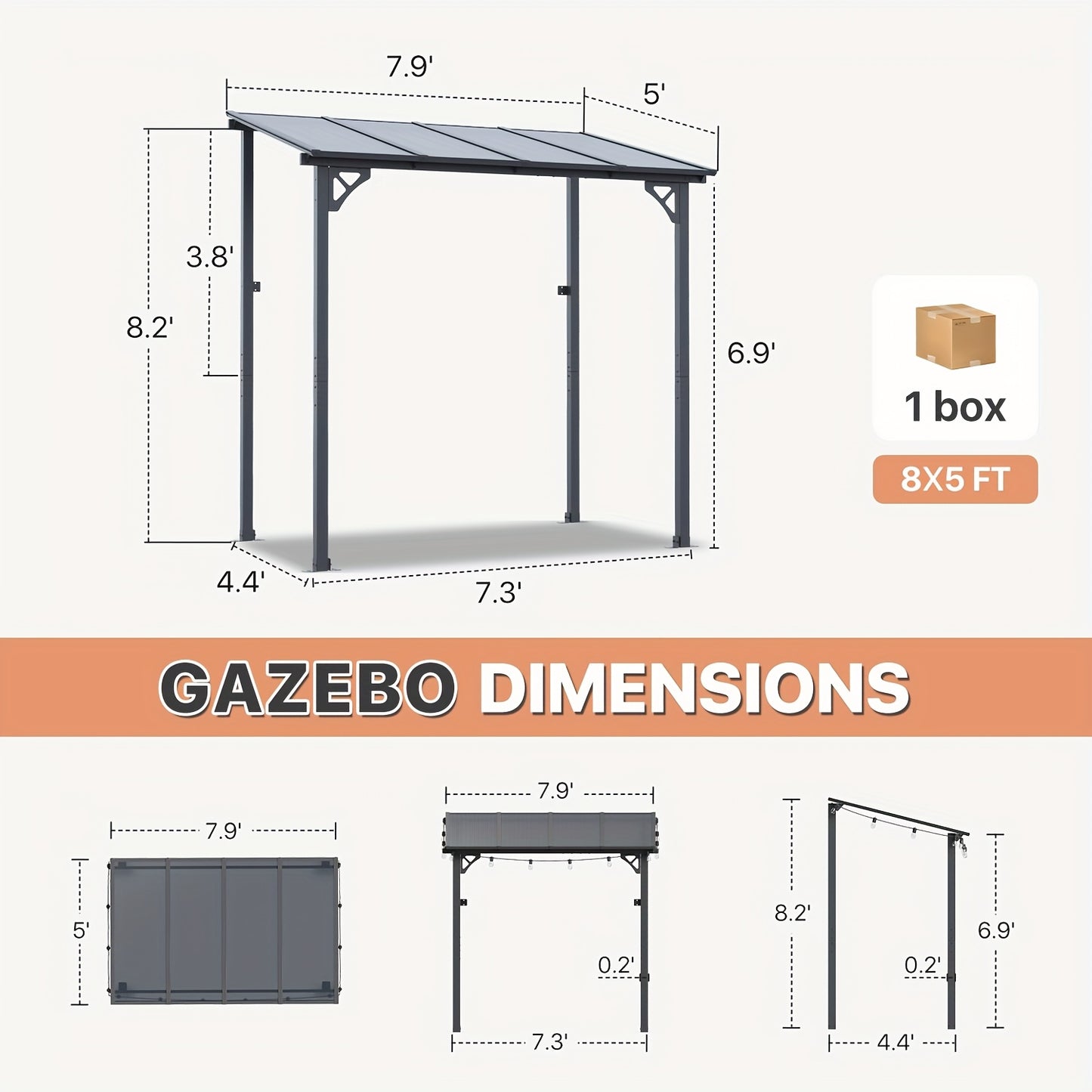 Wall Mounted Pergola Gazebo Hard Top Lean-To Aluminum Patio Cover