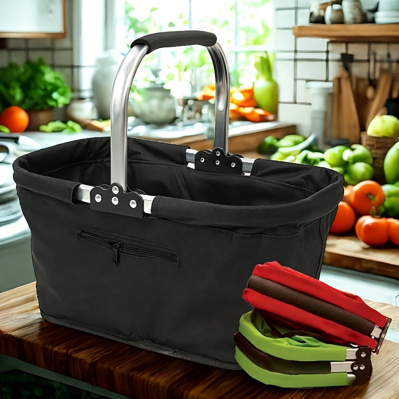 Foldable Picnic Basket Insulated | Portable Shopping Basket Aluminum Frame Oxford Cloth with Zippered Pocket