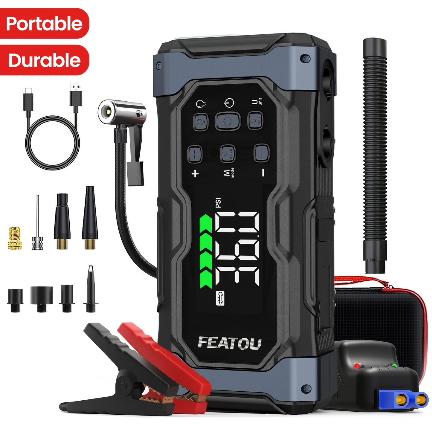 Heavy Duty Jump Starter 20000mAh 9-in-1 with Air Compressor Tire Inflator for All Gas 3.7gal Diesel Large SUV Pickup 12V USB-A USB-C Digital Display