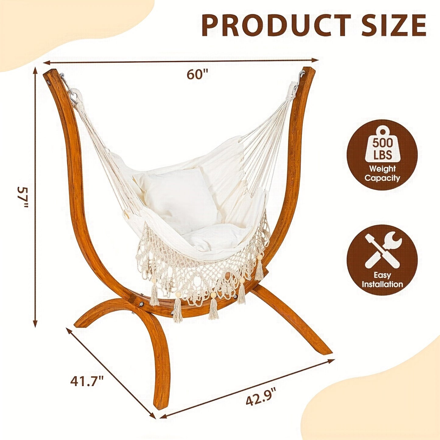 Hammock Swing Chair with Stand – Heavy-Duty Wood Frame Macrame Boho Handmade Hanging Chair with Cushion, 400 lbs Capacity for Yard, Garden & Porch