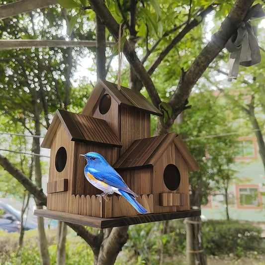 Bird House | 3-Room Natural Wood Hanging Chain Garden Patio Bluebird