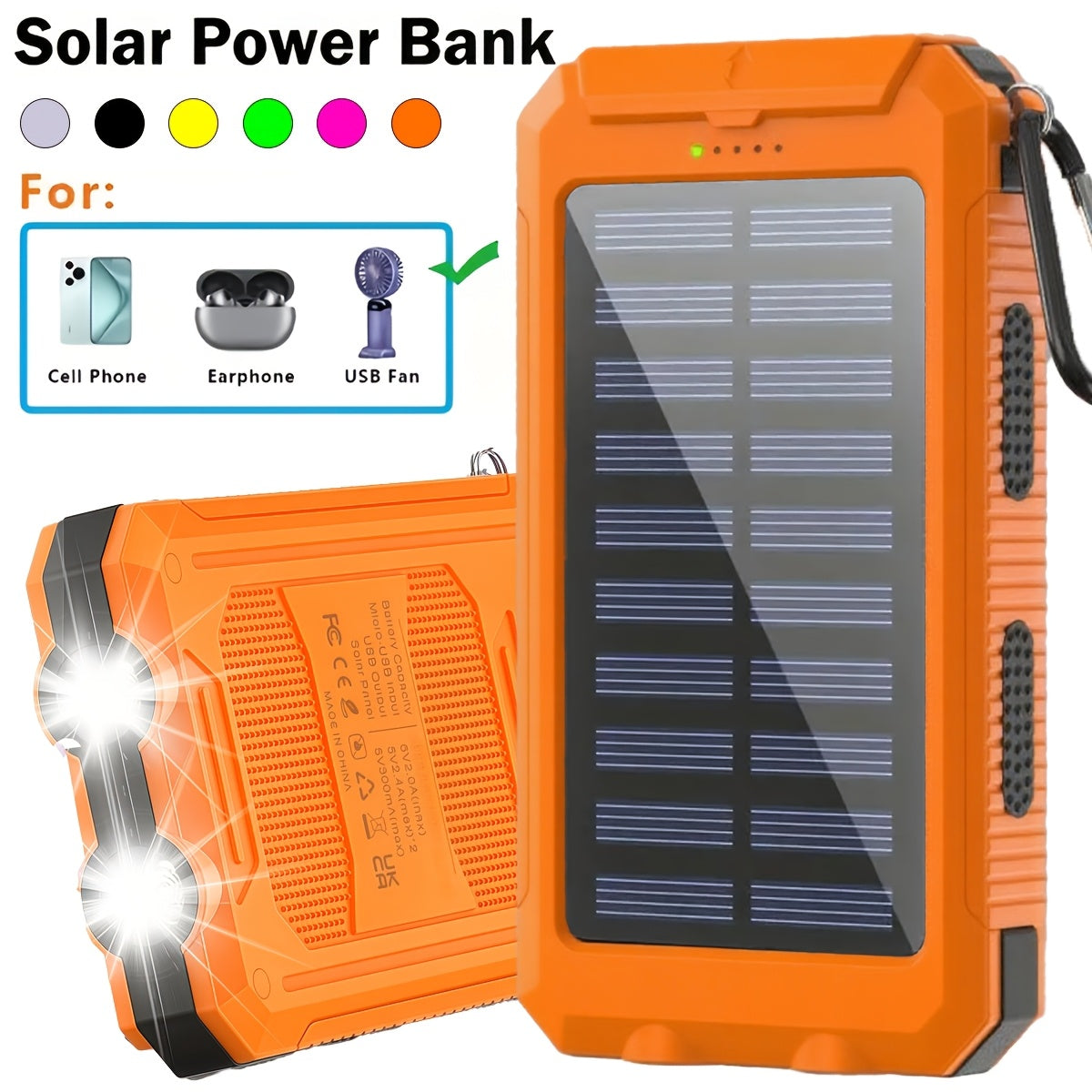 Solar Charger 12800mAh Portable Power Bank - Dual USB 5V Output, LED Flashlight, Outdoor Backup Battery for All Cell Phones, Camping, Hiking & Emergency Use