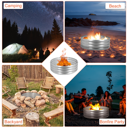 Galvanized Steel Fire Pit Ring Liner for Above Ground Wood Burning, Metal Firepit Insert for Backyard Camping Beach Park Outdoor Patio, 36/48/60 Inch