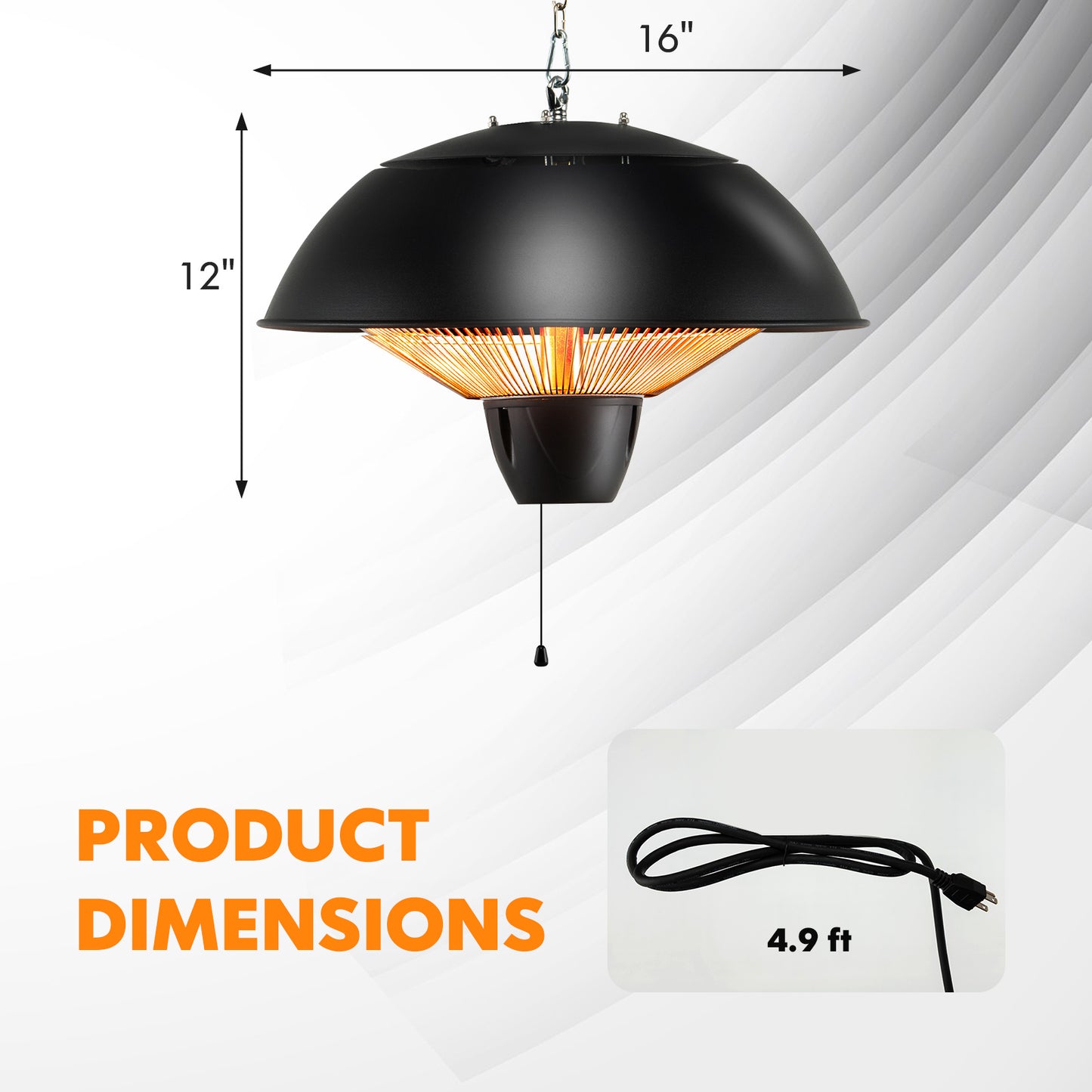 Hanging Patio Heater 1500W Electric Ceiling Mounted Heater with Halogen Tubes, 360° Coverage, Adjustable 23" Chain, Pull Switch, Dual Heat & Light Function for Garage, Balcony, Gazebo & Courtyard