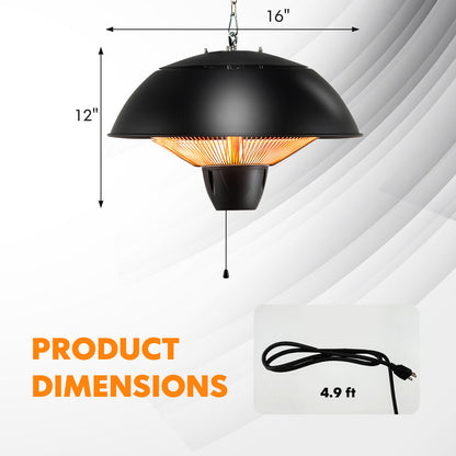 Hanging Patio Heater 1500W Electric Ceiling Mounted Heater with Halogen Tubes, 360° Coverage, Adjustable 23" Chain, Pull Switch, Dual Heat & Light Function for Garage, Balcony, Gazebo & Courtyard